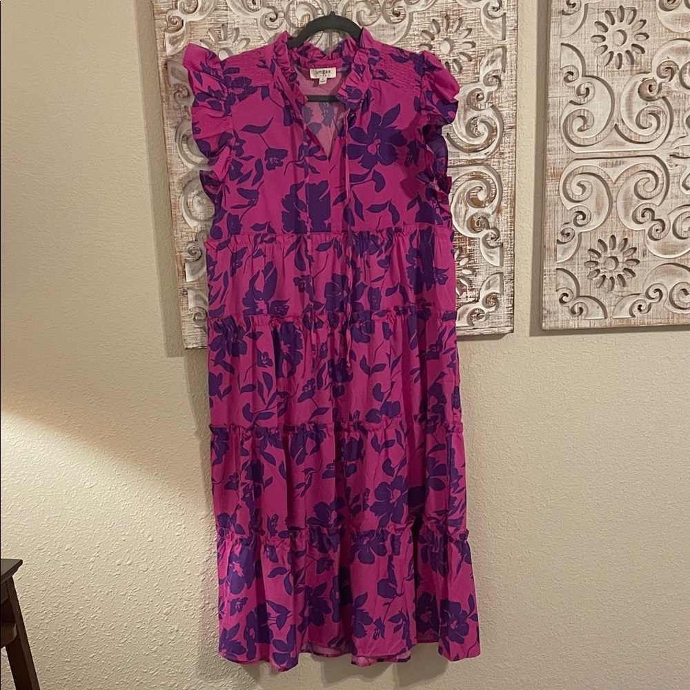 Umgee Fuchsia Maxi Dress with Navy Floral Print